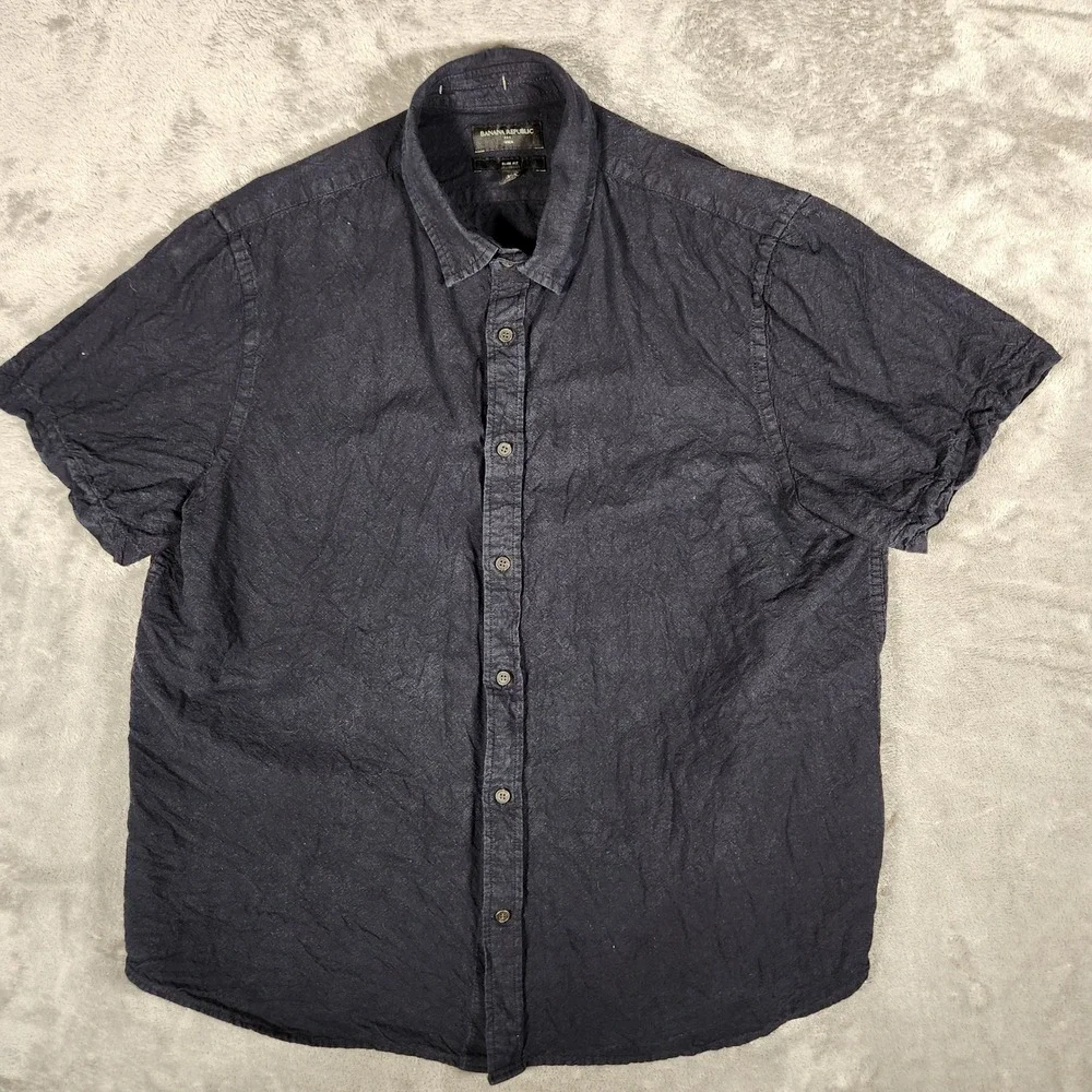 Banana Republic Button Down Shirt Mens XL Navy Blue Excellent Linen Cotton Blend